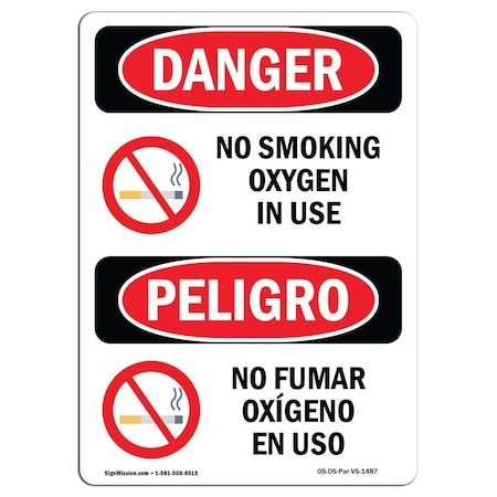 OSHA Danger Sign, No Smoking Oxygen In Use Bilingual, 10in X 7in Rigid Plastic